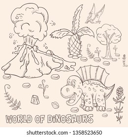 contour illustration coloring of small dinosaurs and trees, plants, stones, for design in the style of Doodle vector