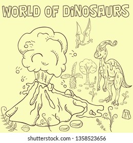 contour illustration coloring of small dinosaurs and trees, plants, stones, for design in the style of Doodle vector