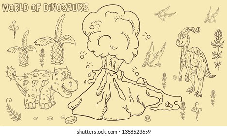 contour illustration coloring of small dinosaurs and trees, plants, stones, for design in the style of Doodle vector