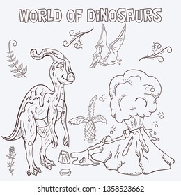 contour illustration coloring of small dinosaurs and trees, plants, stones, for design in the style of Doodle vector