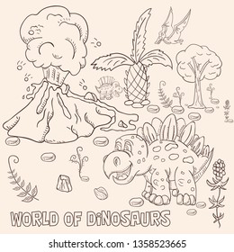 contour illustration coloring of small dinosaurs and trees, plants, stones, for design in the style of Doodle vector