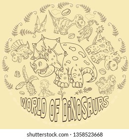 contour illustration coloring of small dinosaurs and trees, plants, stones, for design in the style of Doodle in a circular ornament vector