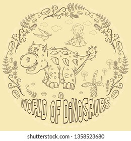 contour illustration coloring of small dinosaurs and trees, plants, stones, for design in the style of Doodle in a circular ornament vector