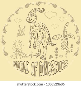 contour illustration coloring of small dinosaurs and trees, plants, stones, for design in the style of Doodle in a circular ornament vector
