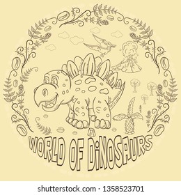 contour illustration coloring of small dinosaurs and trees, plants, stones, for design in the style of Doodle in a circular ornament vector