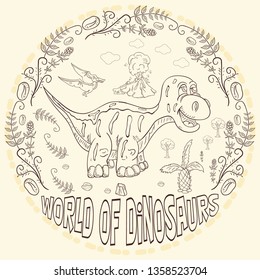 contour illustration coloring of small dinosaurs and trees, plants, stones, for design in the style of Doodle in a circular ornament vector