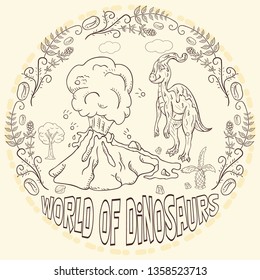 contour illustration coloring of small dinosaurs and trees, plants, stones, for design in the style of Doodle in a circular ornament vector
