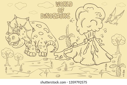 contour illustration coloring of small dinosaurs and trees, plants, stones, for design in the style of Doodle vector