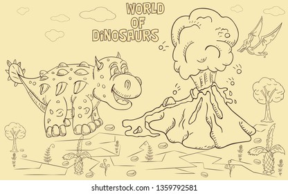 contour illustration coloring of small dinosaurs and trees, plants, stones, for design in the style of Doodle vector