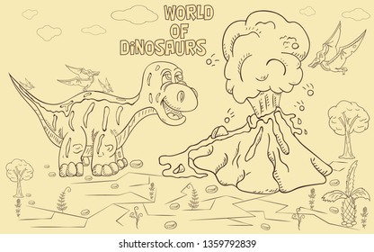 contour illustration coloring of small dinosaurs and trees, plants, stones, for design in the style of Doodle vector