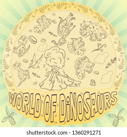 contour illustration coloring of small dinosaurs and trees, plants, stones, for design in the style of Doodle in a circular ornament vector