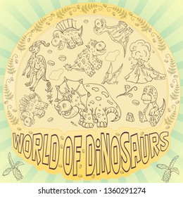 contour illustration coloring of small dinosaurs and trees, plants, stones, for design in the style of Doodle in a circular ornament vector