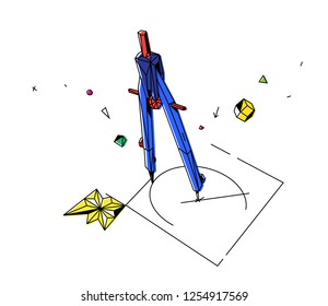 Contour illustration of a compass with drawings. Vector. Flat outline style. Compass vintage with decorative elements. Low poly technique. Illustration for print and website. Engineering device.
