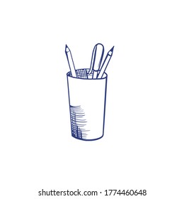 Contour illustration of a Cup with pencils. Vector illustration on a white background. For a logo, for icons in social networks.