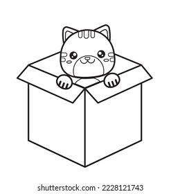Contour illustration of a cute cat sitting in a box. Vector coloring book