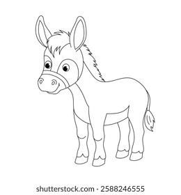 Contour illustration of cute donkey. Domestic animal. Doodle illustration for kids colouring book. 