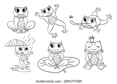 Contour illustration. Cute little Green Frog Smiles, Jumps, Hunts insects, dreams. set of vector illustrations for coloring