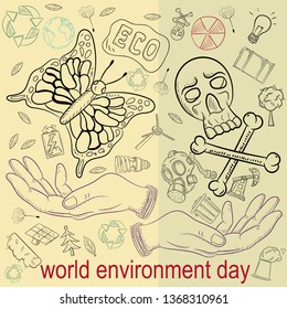 contour illustration for the design of various objects of human life the theme of world environment day, pollution problems