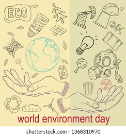 contour illustration for the design of various objects of human life the theme of world environment day, pollution problems