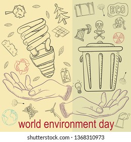 contour illustration for the design of various objects of human life the theme of world environment day, pollution problems