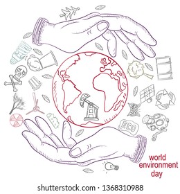 contour illustration for the design of various objects of human life the theme of world environment day, pollution problems