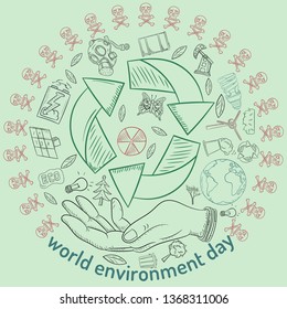 contour illustration for the design of various objects of human life the theme of world environment day, pollution problems