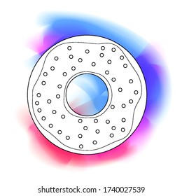 Contour illustration of a donut top view with neon multicolored color spots. Bakery bun with sprinkling, glazing and stains of paint. Vector element for menus, recipes, logos and your design.