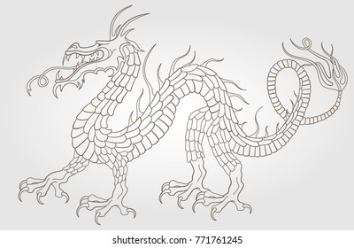 Contour illustration of a dragon, dark outline on a white background