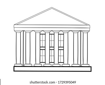 Contour illustration of the facade of the classic building. Historic building with columns. Vector black and white outline object for illustrations, brochures and your design.