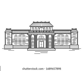 Contour illustration of the facade of the museum building. Historic building with columns. Vector black and white outline object for illustrations, brochures and your design.