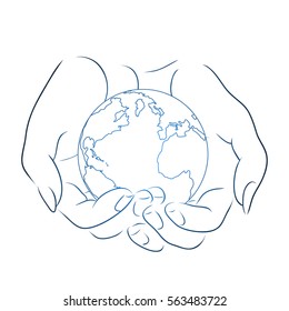 Contour Illustration Of Female Hands Holding A Globe. Vector Element For Your Design