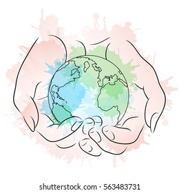 Contour illustration of female hands holding a globe with watercolor splashes. Vector element for your design