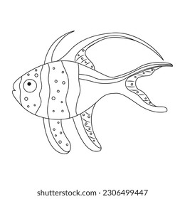 Contour Illustration von Fischen mit Mustern.Vektorfarbbuch für Kinder. Unterwasserunterkunft auf See.