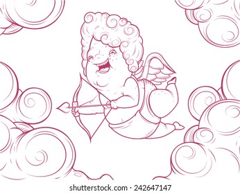 Contour illustration of funny cupid in the clouds