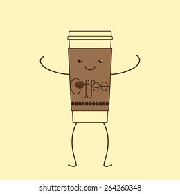 Contour illustration of funny take away coffee cup with cardboard holder with eyes, smile, legs and hands, decorated with lettering coffee and coffee beans isolated on yellow background. Logo template