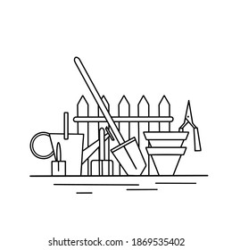 Contour illustration of gardening tools. Watering can, shovel, rake, pots and fence. An active hobby in nature. Vector outline drawing for coloring pages, logos, banners and your design.