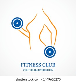 Contour illustration of girl and dumbbells. Fitness club logo. Vector.