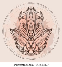 Contour illustration Hamsa with boho pattern and watercolor splashes. Hand of Buddha. Vector element for tattoos, cards, printing on T-shirts. Tracery hand drawn pattern