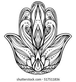 Contour illustration Hamsa with boho pattern. Hand of Buddha. Vector element for tattoos, cards, printing on T-shirts. Tracery hand drawn pattern