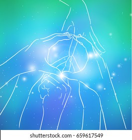 Contour illustration of human hands, sign of peace and sparks on blurred background. Gesture. Unity. Vector illustration for your creativity