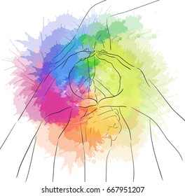 Contour illustration of human hands and sign of peace with rainbow watercolor spray. Gesture. Unity. Vector illustration for your creativity