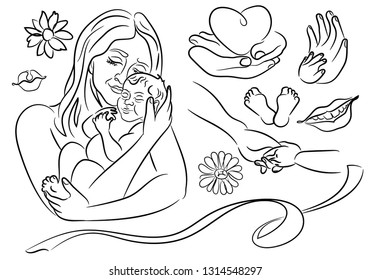 Contour illustration, mom's love. Mother and child, vector