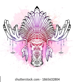 Contour illustration of a moose head with antlers and an Indian cap made of feathers on neon pink watercolor splashes. Roach Chieftain. Boho vector illustration for card, t-shirt print and your design