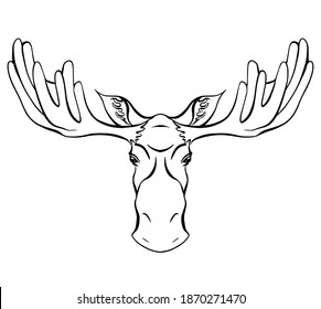 Contour illustration of a moose head with antlers front view. Wild mammal. Vector outline silhouette for logos, icons, postcards and your designs.