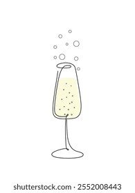 Ilustración de contorno con una línea continua de un vaso de vidrio abstracto con champán, burbujas, Vector. Elemento decorativo para el diseño del menú, etiquetas, decoraciones, vacaciones con un punto coloreado 
