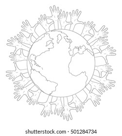 Contour illustration of planet earth and human hands. Elections