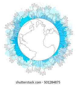 Contour illustration of planet earth, human hands and watercolor splashes. Elections