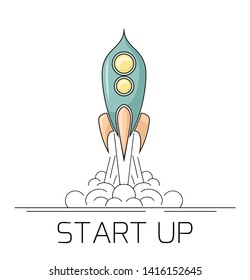 Contour illustration of a retro space rocket taking off with smoke. Start up project with a starship. Linear drawing on a white background. Success in the project. Vector element for banner, slide