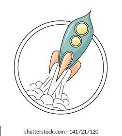 Contour illustration of a retro space rocket taking off with smoke in circle. Start up project with a starship in badge. Round linear drawing on a white background. Success in the project. 