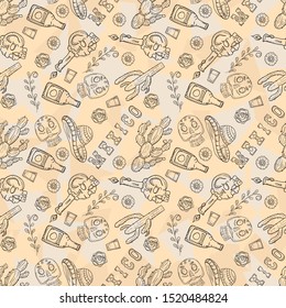 contour illustration seamless Mexican theme for decoration drink sombrero cacti skull flowers lettering country name vector EPS 10